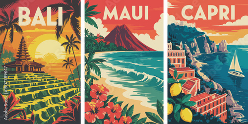 Maui poster, red volcanic mountain rising from turquoise sea with white waves and palm trees
