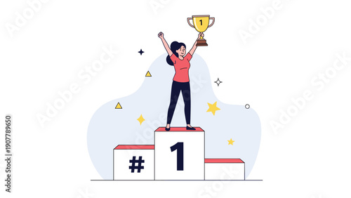 Joyful woman standing on the first place winner podium holding a gold trophy to celebrate a major victory and achievement.