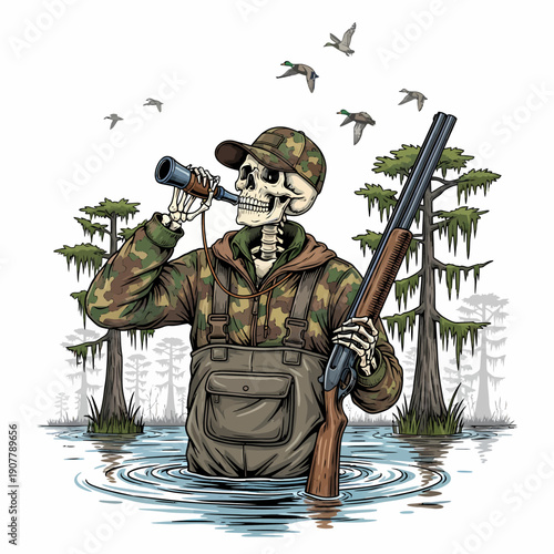 Skeleton hunter wearing camouflage waders blowing duck call in swamp with flying mallards