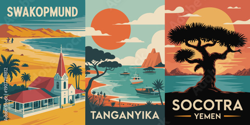 Socotra Yemen poster, iconic dragon blood tree silhouette with desert mountains and coral backdrop