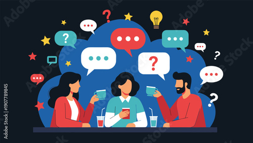 Group of three friends sitting at a table sharing coffee and engaged in deep conversation filled with questions and ideas.