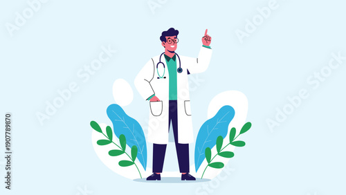 Friendly male doctor in a white lab coat and stethoscope pointing upwards, representing medical advice and healthcare guidance.