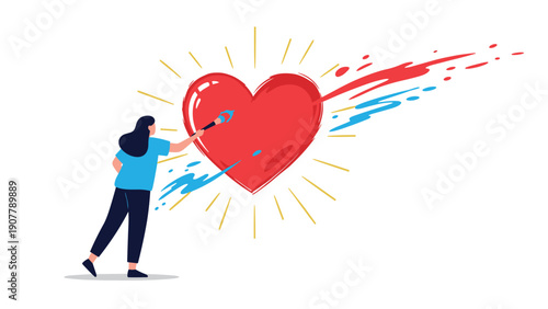 Creative woman painting a large glowing red heart with a paintbrush, symbolizing the creation and nurturing of love.
