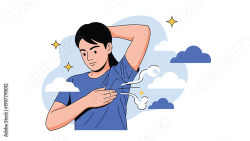 Concerned man checking his underarm for sweat and odor, representing personal hygiene, perspiration, and body care needs.