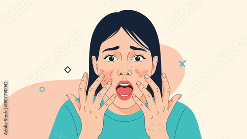 Shocked young woman touching her face with a worried expression while looking at red skin blemishes and acne in the mirror.