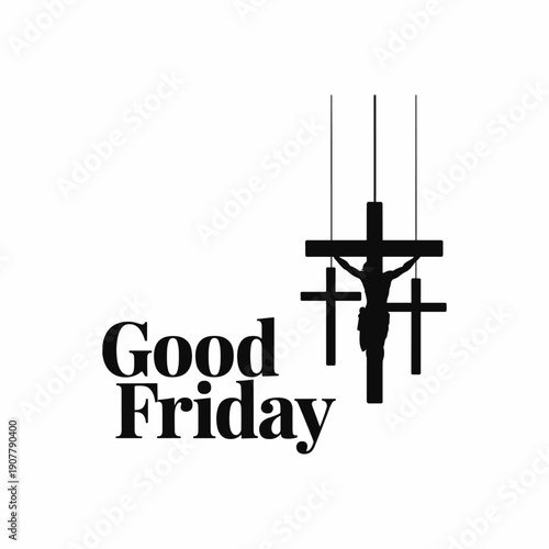 Minimalist Good Friday Illustration with Three Crosses and Crucifix Silhouette on White Background