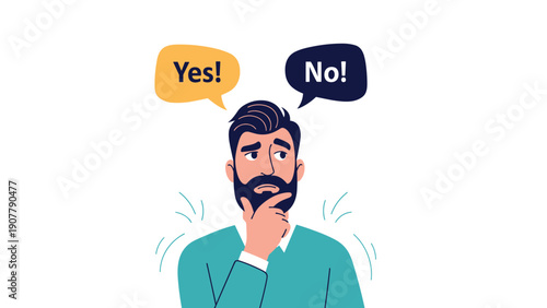 Bearded man looking confused and indecisive while weighing his options between yes and no speech bubbles above his head.