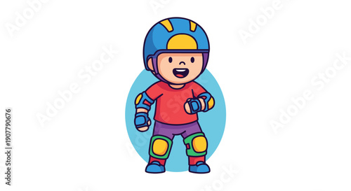 A cheerful cartoon child wearing a blue and yellow helmet, elbow pads, and knee pads, ready for roller skating or scootering, depicted in a vibrant, playful illustration.