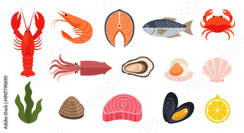 Various seafood illustrations on white background