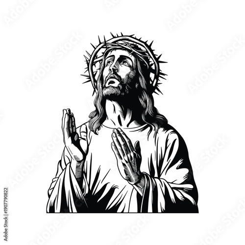 Jesus Christ Praying with Crown of Thorns - Black and White Vector Illustration