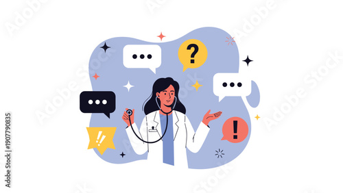 Female doctor wearing a white coat and stethoscope surrounded by medical icons and communication bubbles for health advice.