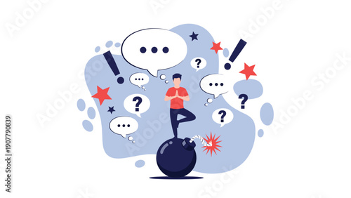 Man meditating in a yoga pose on top of a giant bomb while surrounded by distractions like speech bubbles and question marks.