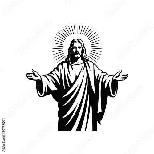 Jesus Christ with Open Arms and Radiant Halo Vector Illustration