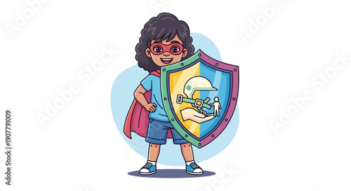A confident young superhero girl, wearing a red cape and eye mask, stands proudly holding a colorful shield with symbols of protection and care.