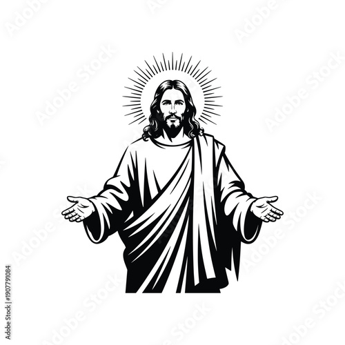 Vector Illustration of Jesus Christ with Open Arms and Radiant Halo