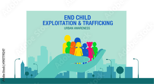 A compelling graphic illustrating urban awareness against child exploitation and trafficking, with colorful figures held in a protective hand above a city skyline.