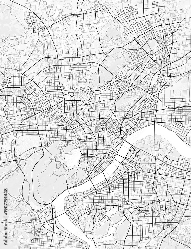 Obraz premium Hangzhou City Map. Minimalist black and white line art poster for printing, wallpaper, wall art, and map resources for home and office decor