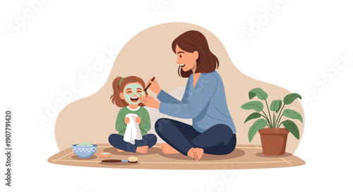 A joyful mother and her young daughter enjoying a fun and relaxing beauty routine together at home, applying face masks and bonding.