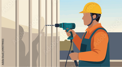 Construction Worker Using Power Drill on Wall at Job Site