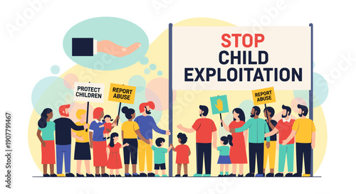 A diverse group of people, including adults and children, are protesting against child exploitation, holding signs and a large banner advocating for protection and reporting abuse.