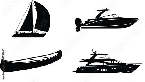 Boat silhouette vector illustration set, black icons of sailboat, motorboat, canoe, and luxury yacht for marine travel design
