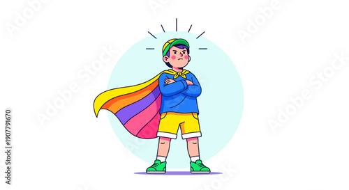 A confident young boy, dressed as a superhero with a vibrant rainbow cape, stands proudly with crossed arms, radiating a sense of power and self-assurance.