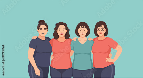 Diverse group of women standing together and smiling, showcasing friendship and unity