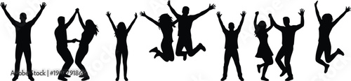 Celebration people silhouette vector illustration set, dynamic poses of men and women jumping, dancing, and cheering for joy and events
