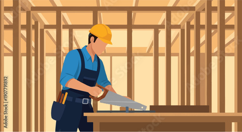 Construction worker in protective gear using a handsaw on wooden planks, illustrating carpentry and DIY projects