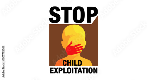 Powerful graphic illustration advocating to stop child exploitation, featuring a child's silhouette with a red hand covering their mouth, symbolizing silenced voices and abuse.