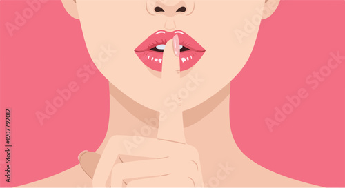 Close-up illustration of a woman with pink lips, index finger in front of her mouth, signaling for silence. A subtle, modern representation of secrecy and quietude