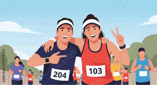 Two friends celebrating their marathon achievement with arms around each other and a backdrop of other runners