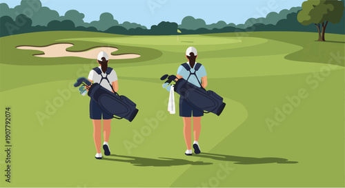 Two golfers carrying golf bags across a green course with rolling hills and trees in the background