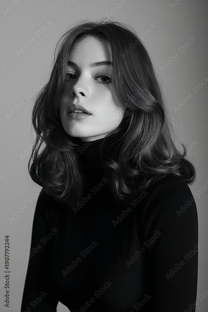 Fototapeta premium 70s natural volume hair, soft waves, minimal makeup