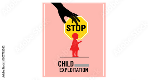 A powerful conceptual illustration advocating for an immediate halt to child exploitation, depicting a protective hand stopping harm to a child.
