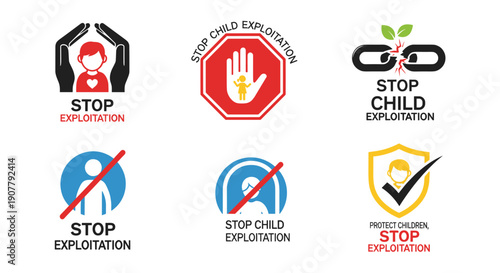 A collection of powerful graphic icons and symbols advocating for the protection of children and an end to child exploitation worldwide.