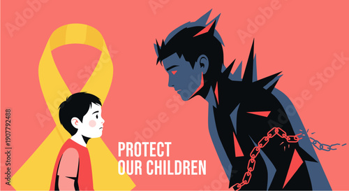 Conceptual illustration depicting a vulnerable child facing a menacing, shadowy figure, symbolizing the critical need for child protection and awareness.