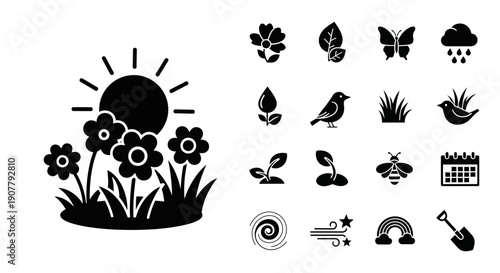 A collection of black and white icons representing spring and nature, including a sunny landscape with flowers and various individual elements like birds, butterflies, and plants.