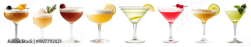 PNG Colorful cocktails in elegant glasses on transparent background
