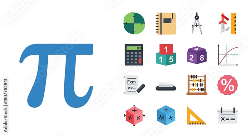 A large blue Greek letter Pi symbol is displayed next to a collection of various math and science-related icons.