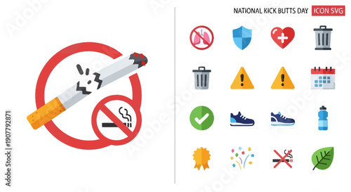 No Smoking Sign with Icons for Health and Wellness, Celebrating National Kick Butts Day.