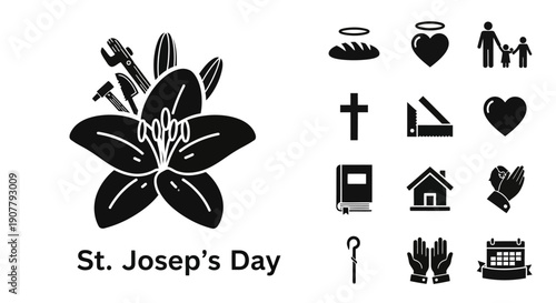 A black and white illustration for St. Joseph's Day, featuring a lily and various religious and family-related icons.