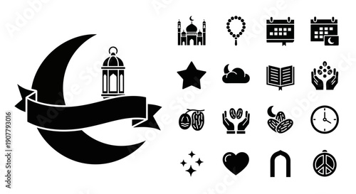 Collection of Islamic icons, including a crescent moon with a banner, mosque, prayer beads, calendar, lantern, star, clouds, book, hands, bicycle, clock, and symbols of peace and love.
