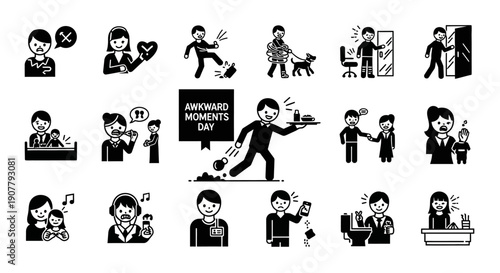 Collection of diverse awkward moments and social blunders depicted in a series of simple black and white pictogram illustrations.