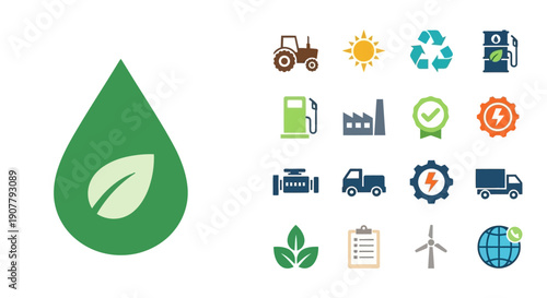 A collection of icons representing renewable energy, sustainable agriculture, and eco-friendly transportation, alongside a large green leaf symbol within a water droplet.