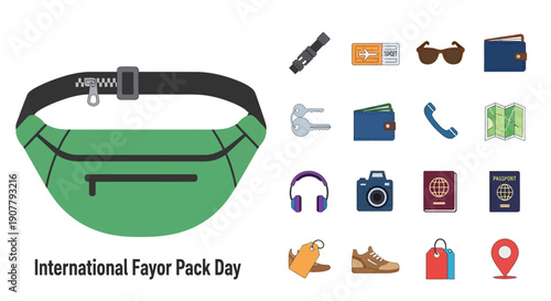 A collection of travel essentials and accessories, including a green fanny pack, passport, sunglasses, wallet, and map, presented on a white background.