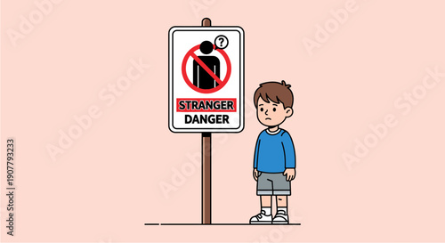 A young boy stands thoughtfully beside a 'Stranger Danger' sign, illustrating an important concept of child safety and awareness.