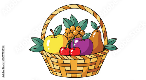 woven basket full of fruit including apples and pears  isolated on white background