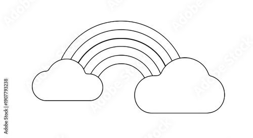 Outline of a simple rainbow arching over two fluffy clouds, set against a white background. The minimalist design suggests a cheerful tone.