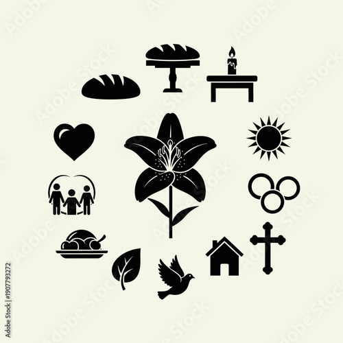 A circular arrangement of religious and life symbols surrounding a central lily, representing faith, family, and nature.